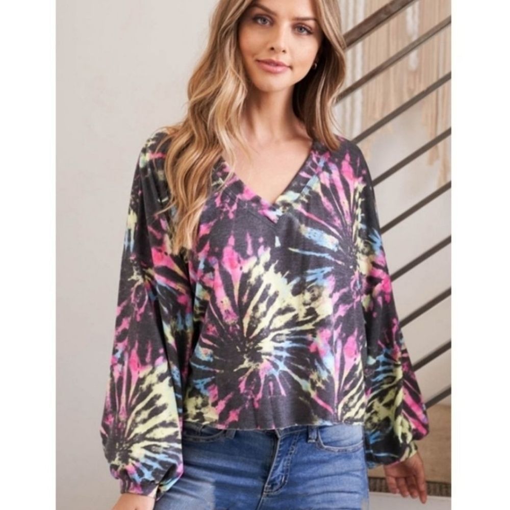 Black Multi Colored Tie Dye V-Neck Long Puff SleeveTop
